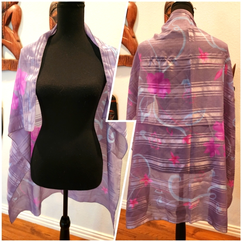 Purple/White/Pink, Long, Sheer Scarf, One Size